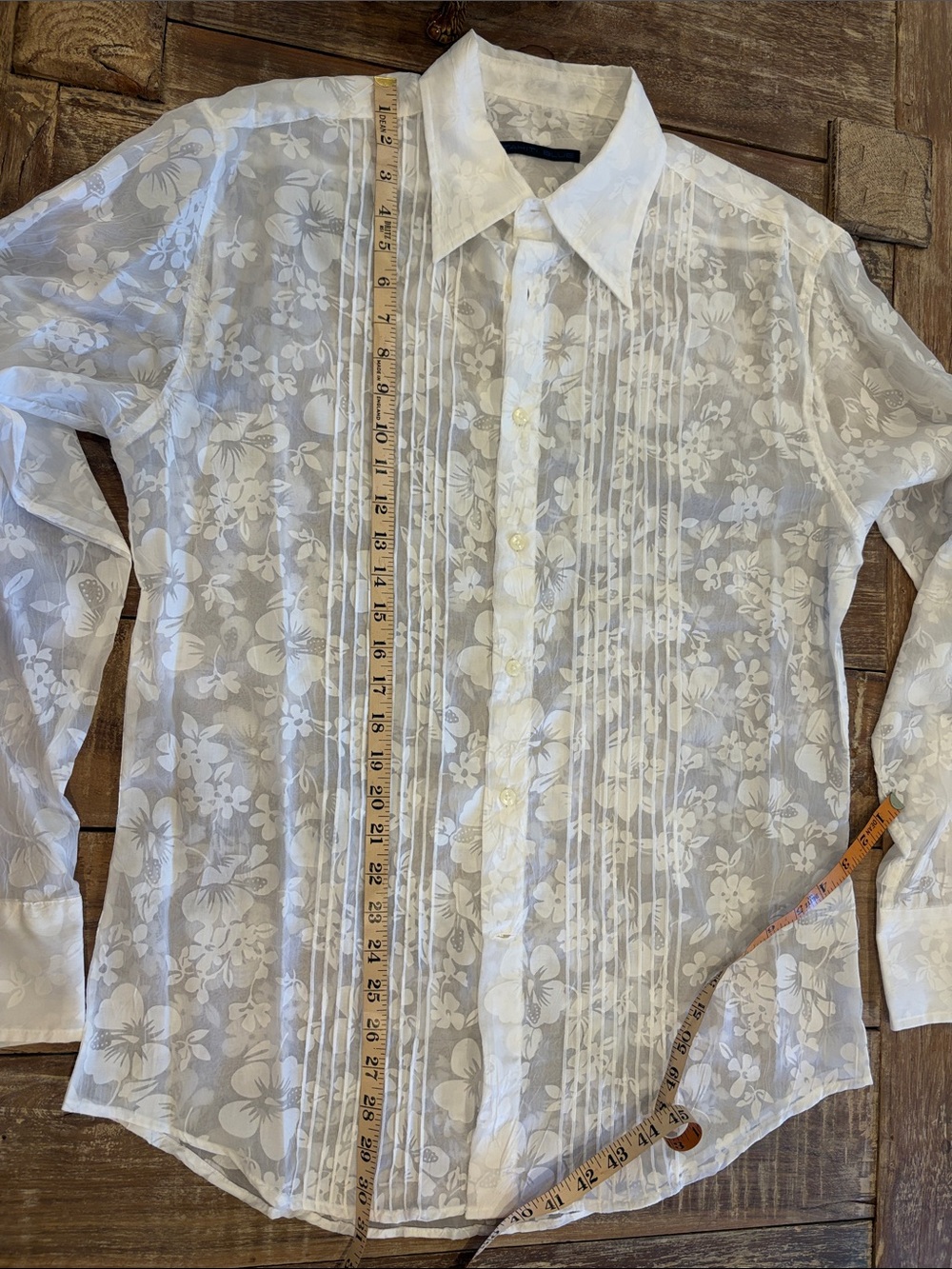 Vintage Y2K Tahiti Blue White Sheer Floral Pintuck Tuxedo Blouse Top Size L - Picture 10 of 11